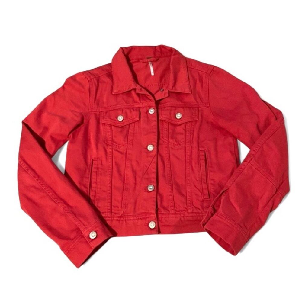 Free People Red Denim Trucker Jacket – Silver Hardware Small